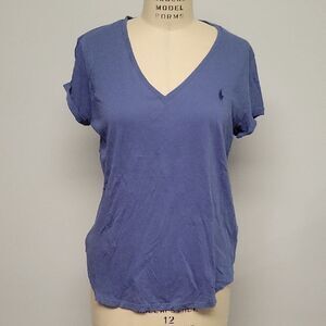 Ralph Lauren Women's Blue S/S Tee V-Neck Top. 100% Cotton, Size XL